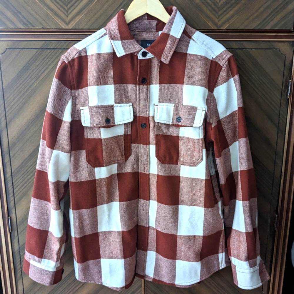 H&M Red and White Plaid Shirt Jacket Medium